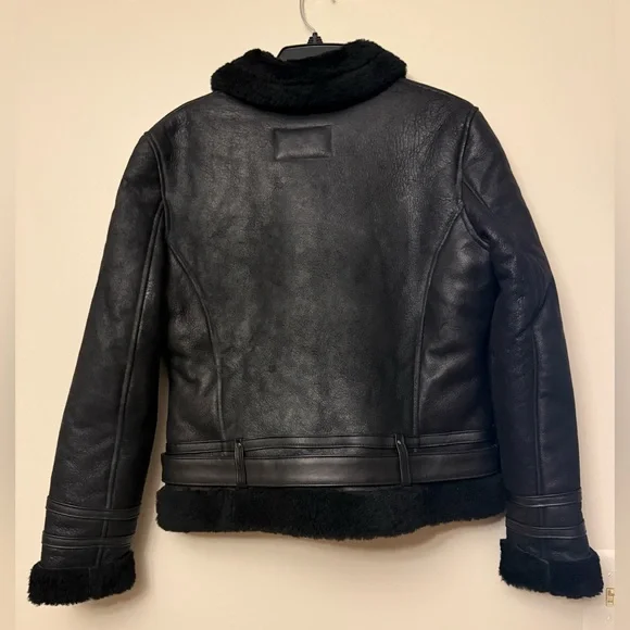 Frye Black Leather Jacket with genuine shearling trim - Picture 5 of 9